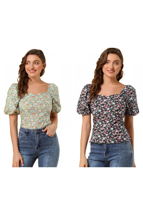 Women's 2 Packs Puff Sleeve Sweetheart Neck Smocked Floral Top