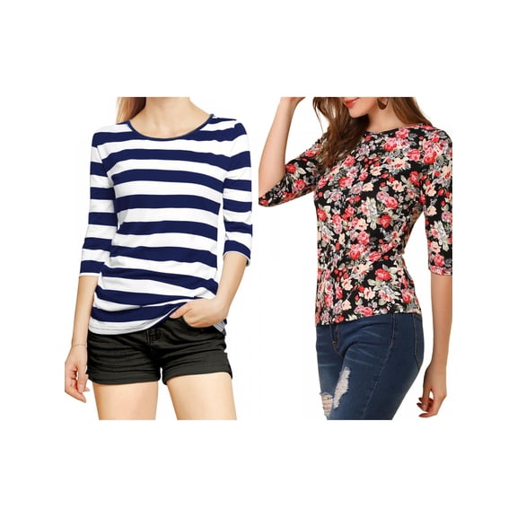 NOMADIC NOOK Women's 2 Packs Round Neck Elbow Sleeves Casual T-Shirt