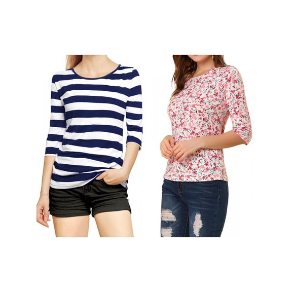 NOMADIC NOOK Women's 2 Packs Round Neck Elbow Sleeves Casual T-Shirt