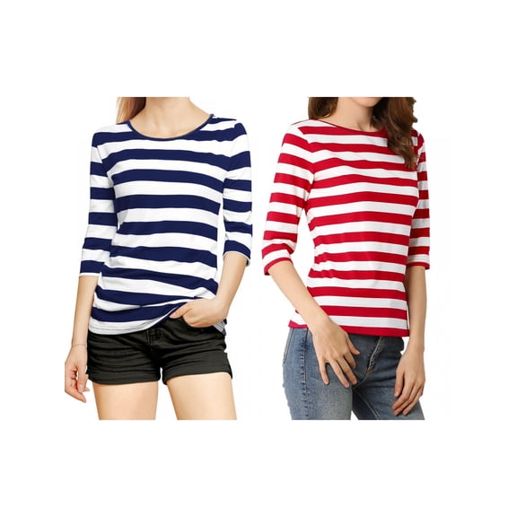 NOMADIC NOOK Women's 2 Packs Round Neck Elbow Sleeves Casual T-Shirt