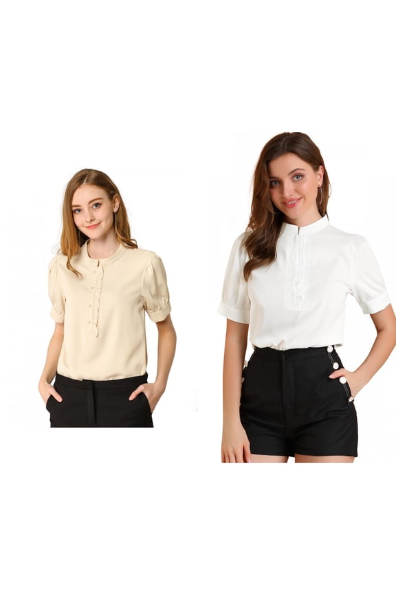Women's 2 Packs Ruffled Button Down Short Sleeves Solid Work Office Blouse