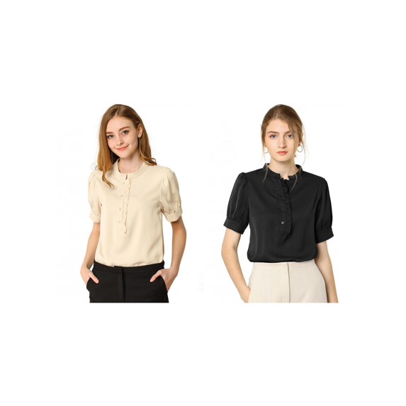 NOMADIC NOOK Women's 2 Packs Ruffled Button Down Short Sleeves Solid Work Office Blouse