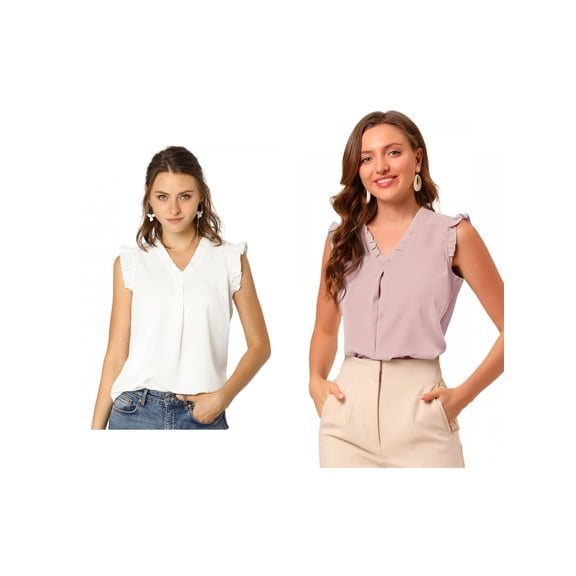 NOMADIC NOOK Women's 2 Packs Ruffled Sleeveless Pullover V- Neck Work Blouses