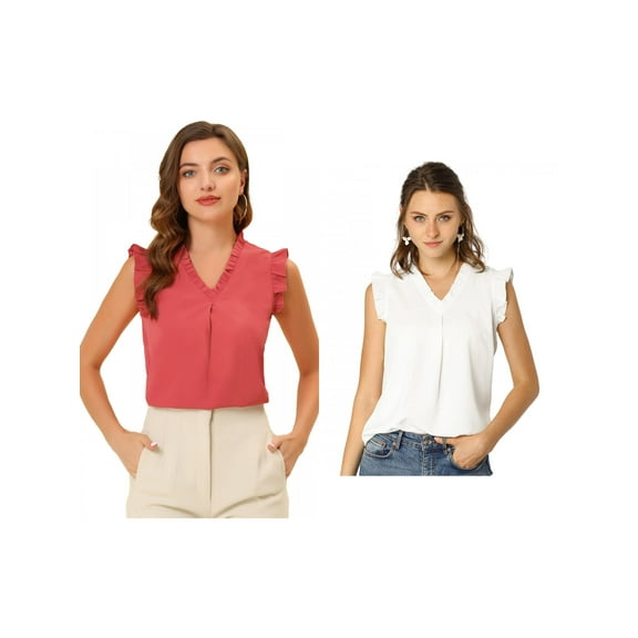 NOMADIC NOOK Women's 2 Packs Ruffled Sleeveless Pullover V- Neck Work Blouses