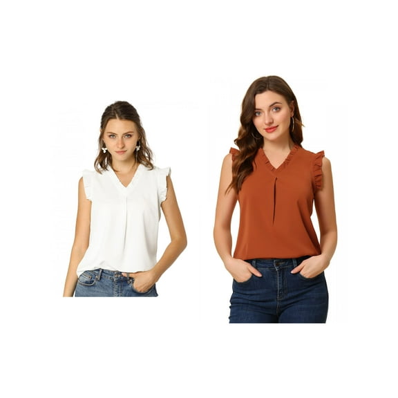 NOMADIC NOOK Women's 2 Packs Ruffled Sleeveless Pullover V- Neck Work Blouses