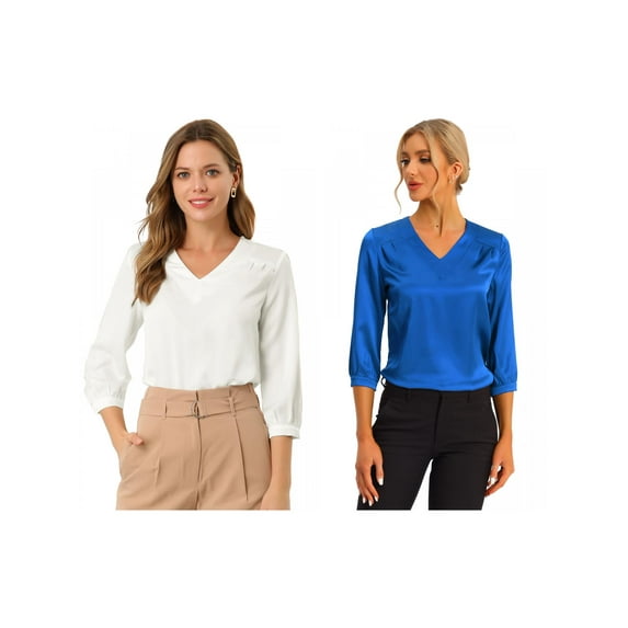 NOMADIC NOOK Women's 2 Packs Satin Blouse Casual Solid 3/4 Sleeve V Neck Top Shirts Large White/Royal Blue