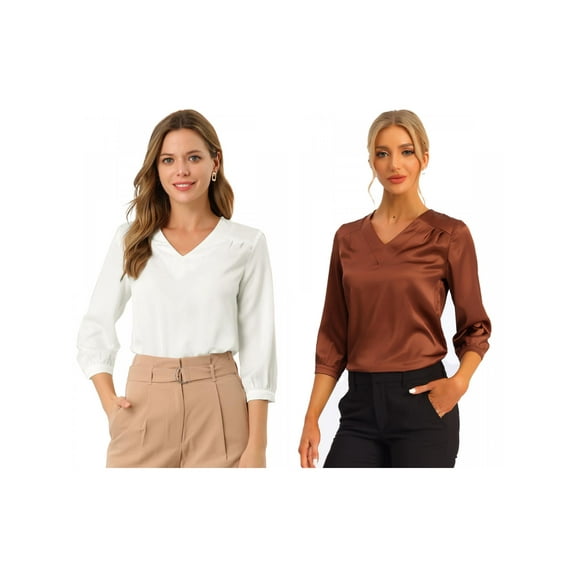 NOMADIC NOOK Women's 2 Packs Satin Blouse Casual Solid 3/4 Sleeve V Neck Top Shirts Small White/Brown