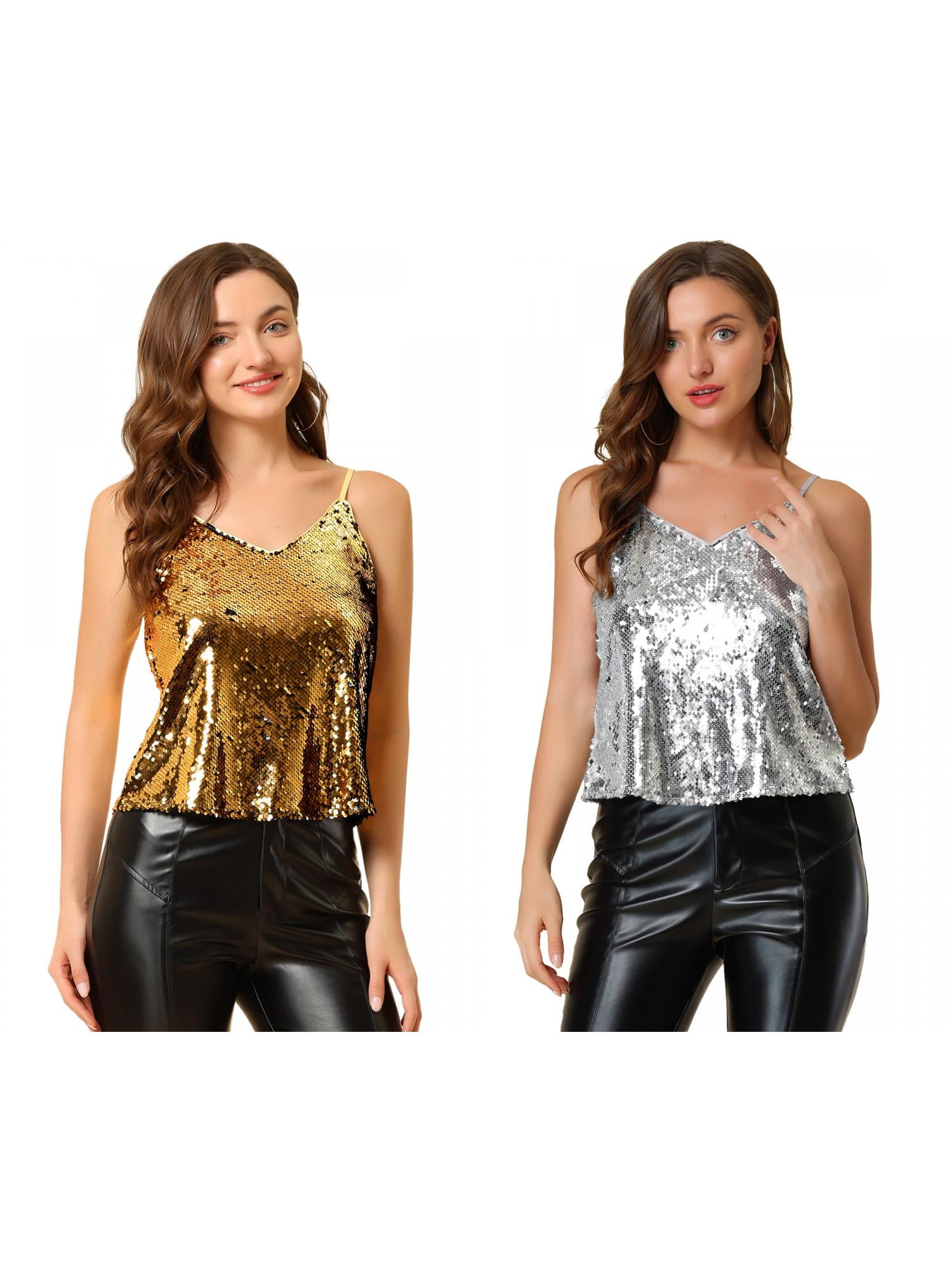 NOMADIC NOOK Women's 2 Packs Sequin Spaghetti Strap Crop Camisole