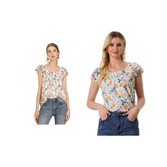 NOMADIC NOOK Women's 2 Packs Short Sleeve Square Neck Ruffled Floral Chiffon Blouse