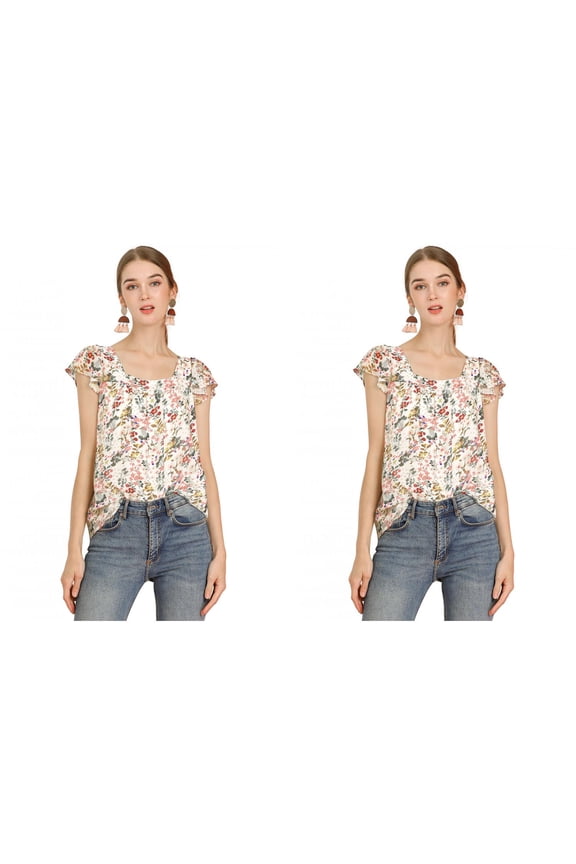 Women's 2 Packs Short Sleeve Square Neck Ruffled Floral Chiffon Blouse