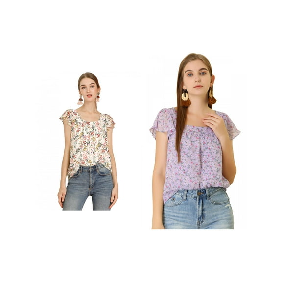 NOMADIC NOOK Women's 2 Packs Short Sleeve Square Neck Ruffled Floral Chiffon Blouse