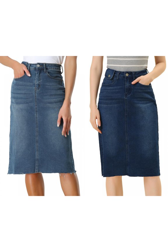 Women's 2 Packs Solid High Waist Back Vent Knee Length Denim Skirt