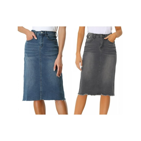 NOMADIC NOOK Women's 2 Packs Solid High Waist Back Vent Knee Length Denim Skirt