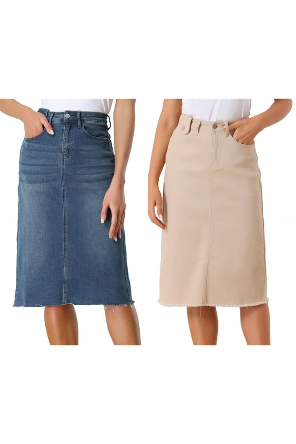 Women's 2 Packs Solid High Waist Back Vent Knee Length Denim Skirt