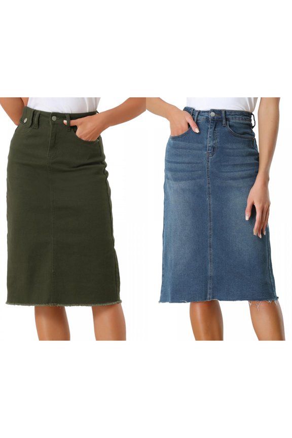 Women's 2 Packs Solid High Waist Back Vent Knee Length Denim Skirt