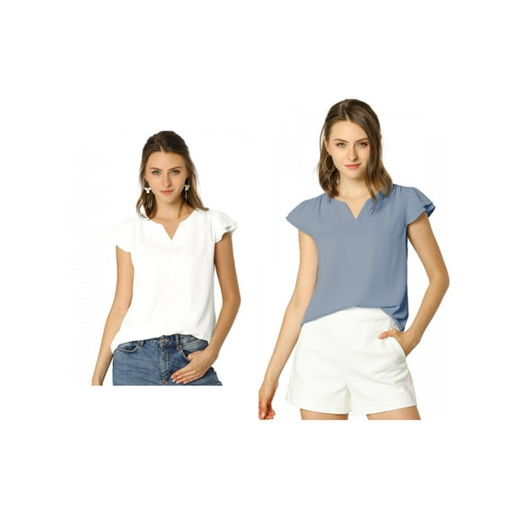 NOMADIC NOOK Women's 2 Packs Solid V Neck Cap Short Sleeves Work Blouse