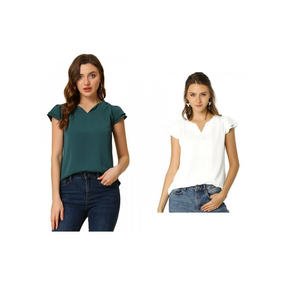 NOMADIC NOOK Women's 2 Packs Solid V Neck Cap Short Sleeves Work Blouse