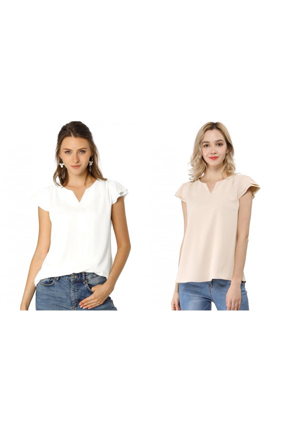 Women's 2 Packs Solid V Neck Cap Short Sleeves Work Blouse
