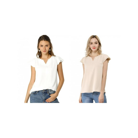 NOMADIC NOOK Women's 2 Packs Solid V Neck Cap Short Sleeves Work Blouse