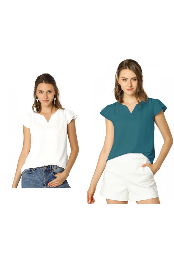 Women's 2 Packs Solid V Neck Cap Short Sleeves Work Blouse