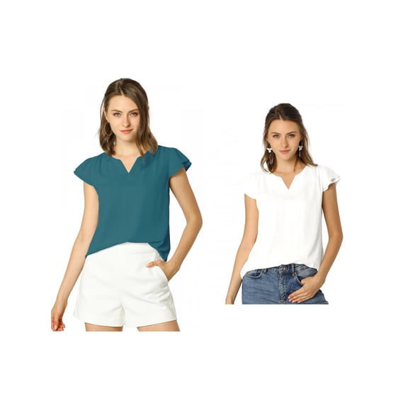 NOMADIC NOOK Women's 2 Packs Solid V Neck Cap Short Sleeves Work Blouse