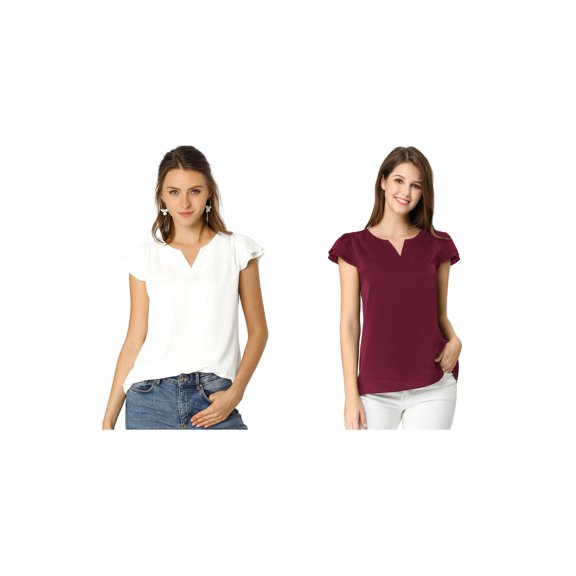 NOMADIC NOOK Women's 2 Packs Solid V Neck Cap Short Sleeves Work Blouse