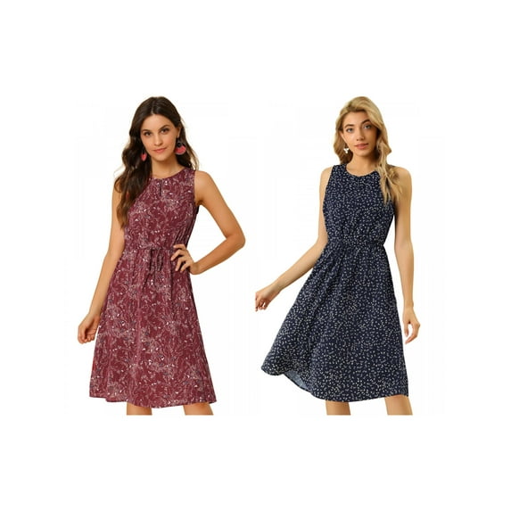 NOMADIC NOOK Women's 2 Packs Split Neck Printed Sleeveless Casual Dress