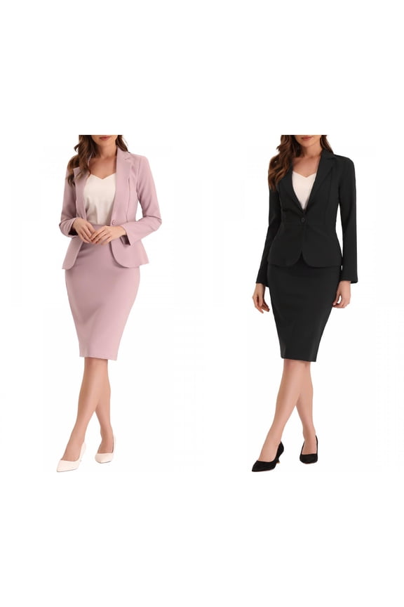 Women's 2 Packs Suit Skirt Set Business Casual Long Sleeve Blazer and Pencil Skirt X-Small Black/Pink