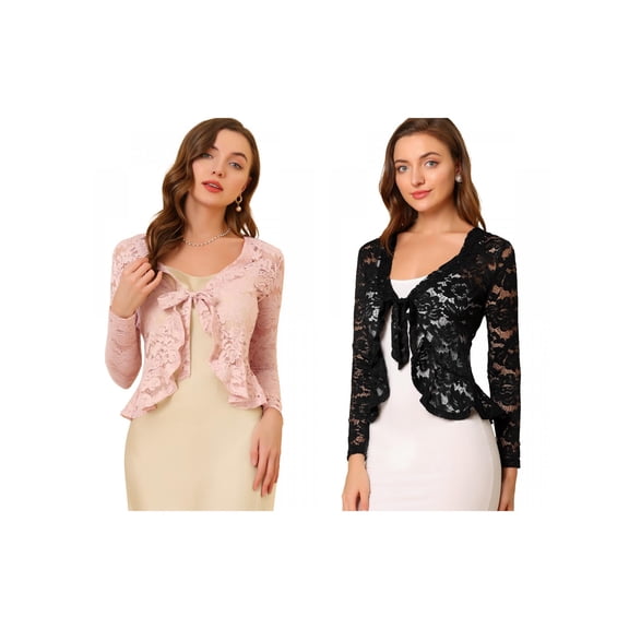 NOMADIC NOOK Women's 2 Packs Tie Front Ruffled Hem Floral Lace Sheer Shrug Cropped Cardigan