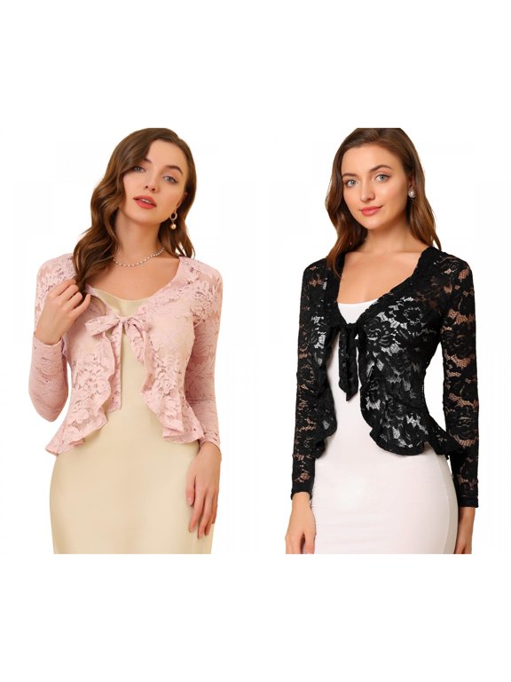 Women's 2 Packs Tie Front Ruffled Hem Floral Lace Sheer Shrug Cropped Cardigan