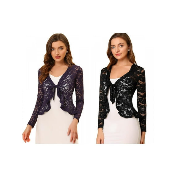 NOMADIC NOOK Women's 2 Packs Tie Front Ruffled Hem Floral Lace Sheer Shrug Cropped Cardigan