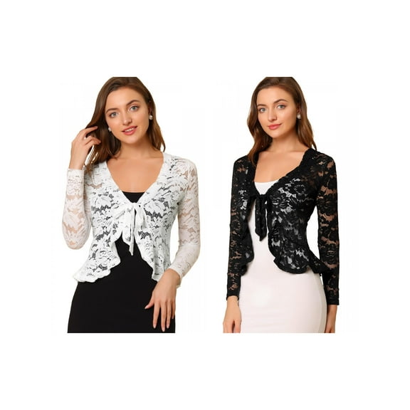 NOMADIC NOOK Women's 2 Packs Tie Front Ruffled Hem Floral Lace Sheer Shrug Cropped Cardigan
