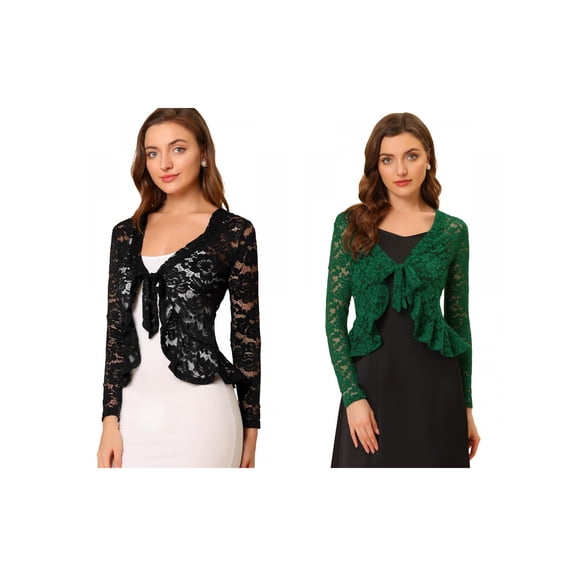 NOMADIC NOOK Women's 2 Packs Tie Front Ruffled Hem Floral Lace Sheer Shrug Cropped Cardigan