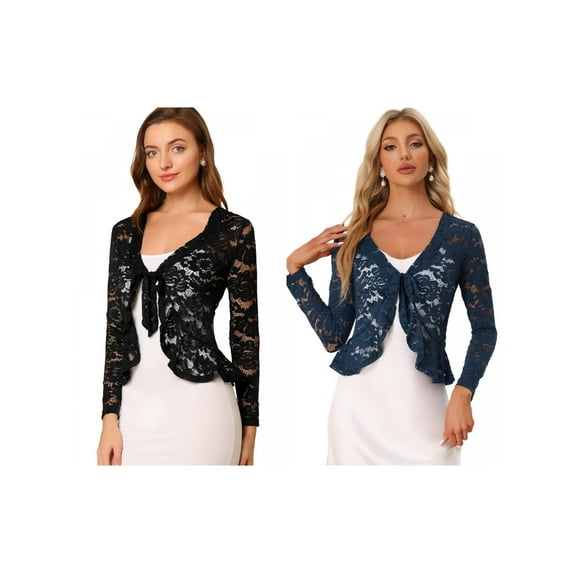 NOMADIC NOOK Women's 2 Packs Tie Front Ruffled Hem Floral Lace Sheer Shrug Cropped Cardigan