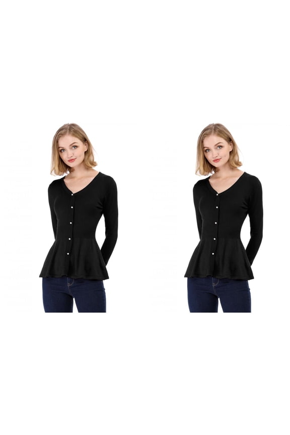 Women's 2 Packs V Neck Long Sleeve Ribbed Pullover Knitted Peplum Sweater