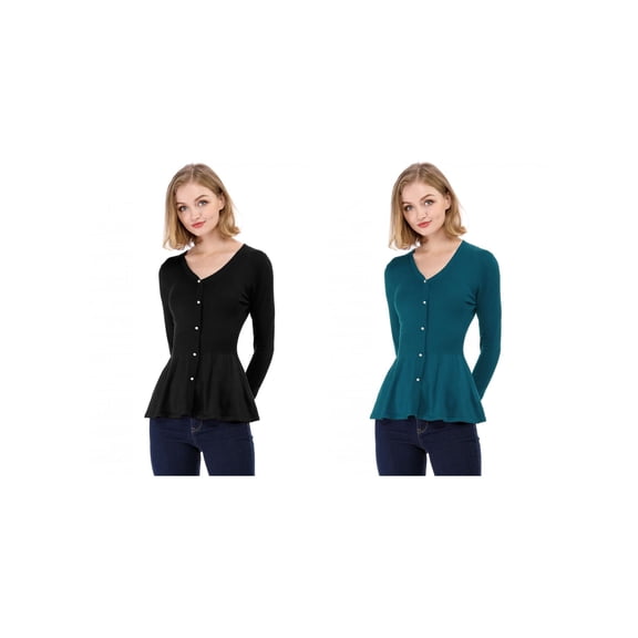 NOMADIC NOOK Women's 2 Packs V Neck Long Sleeve Ribbed Pullover Knitted Peplum Sweater