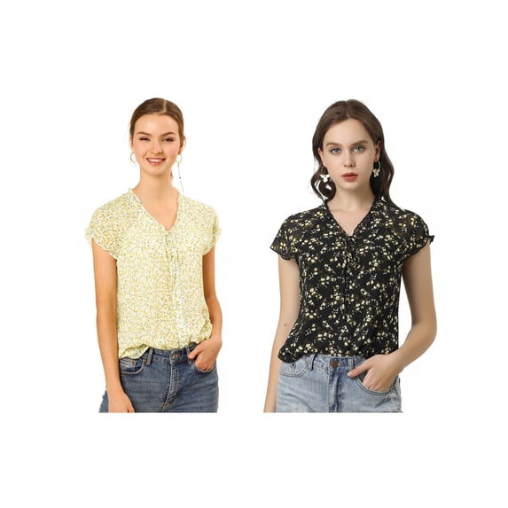 NOMADIC NOOK Women's 2 Packs V Neck Short Sleeve Ruffled Ditsy Floral Chiffon Blouse