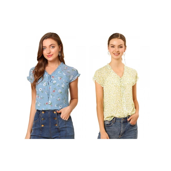 NOMADIC NOOK Women's 2 Packs V Neck Short Sleeve Ruffled Ditsy Floral Chiffon Blouse
