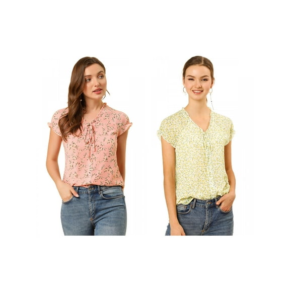 NOMADIC NOOK Women's 2 Packs V Neck Short Sleeve Ruffled Ditsy Floral Chiffon Blouse