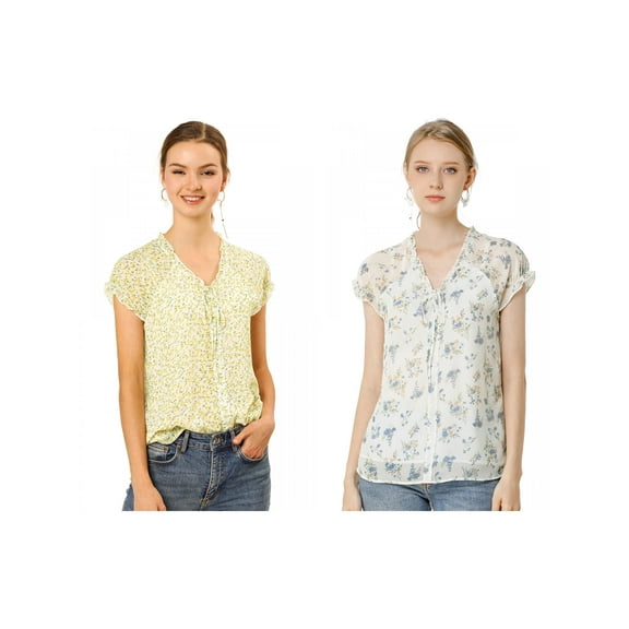 NOMADIC NOOK Women's 2 Packs V Neck Short Sleeve Ruffled Ditsy Floral Chiffon Blouse