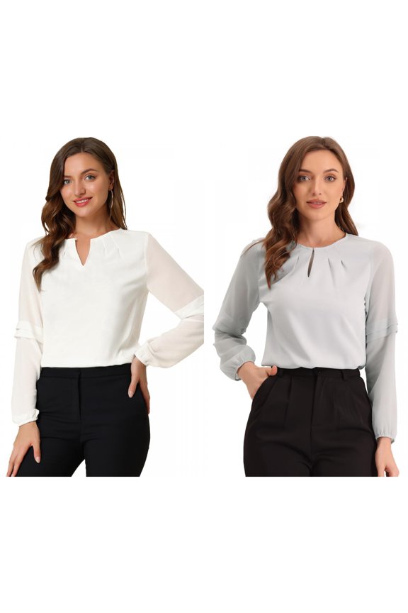 Women's 2 Packs Work Office Long Sleeves Keyhole Neck Elegant Blouse