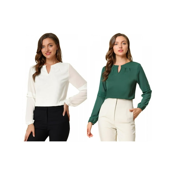 NOMADIC NOOK Women's 2 Packs Work Office Long Sleeves Keyhole Neck Elegant Blouse