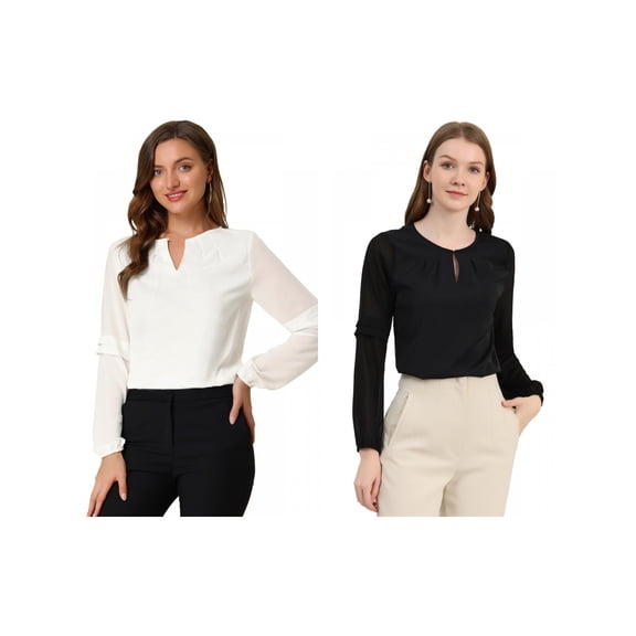 NOMADIC NOOK Women's 2 Packs Work Office Long Sleeves Keyhole Neck Elegant Blouse