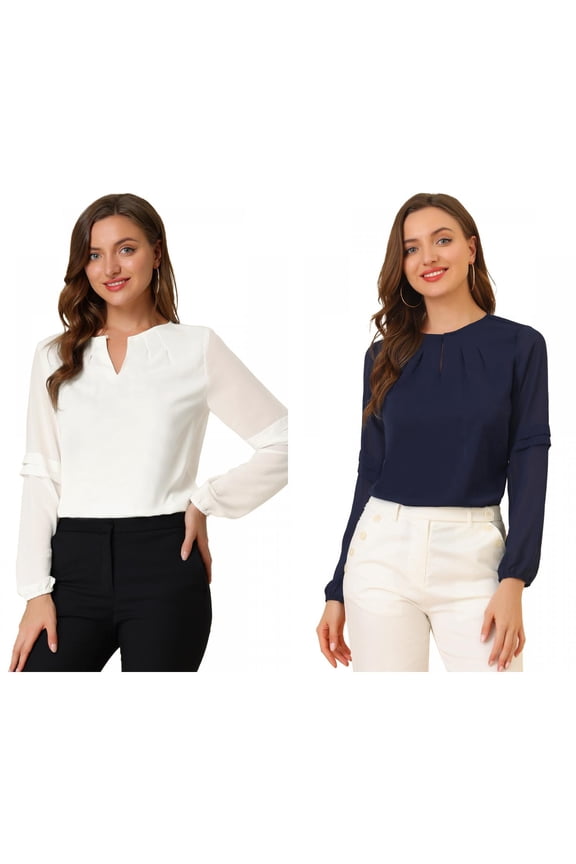 Women's 2 Packs Work Office Long Sleeves Keyhole Neck Elegant Blouse