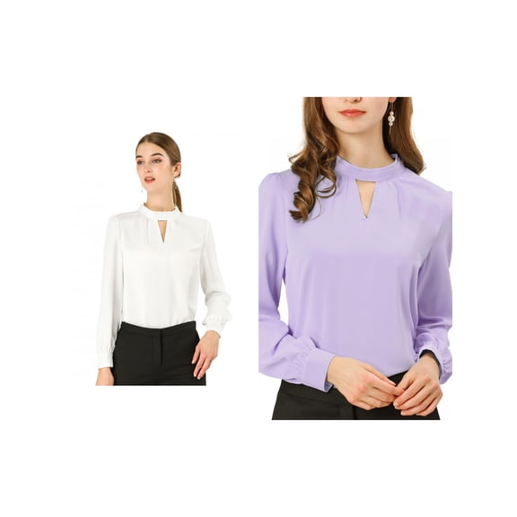 NOMADIC NOOK Women's 2 Packs Work Office Shirt Keyhole Elegant Stand Collar Fall Long Sleeve Chiffon Blouse Small White/Light Purple