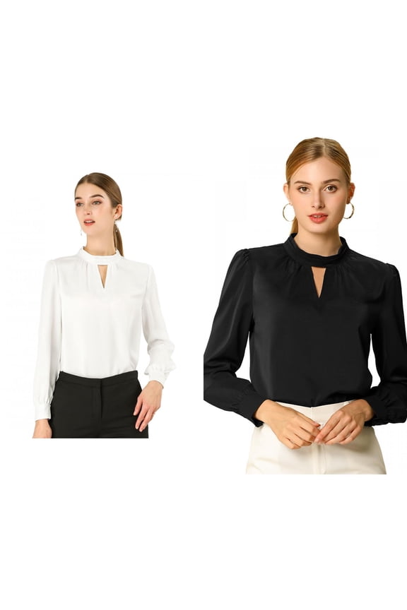Women's 2 Packs Work Office Shirt Keyhole Elegant Stand Collar Fall Long Sleeve Chiffon Blouse X-Large White/Black