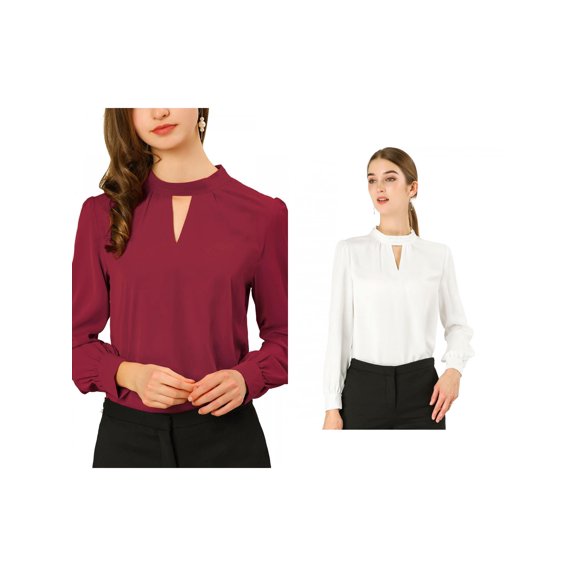 NOMADIC NOOK Women's 2 Packs Work Office Shirt Keyhole Elegant Stand Collar Fall Long Sleeve Chiffon Blouse X-Large White/Burgundy