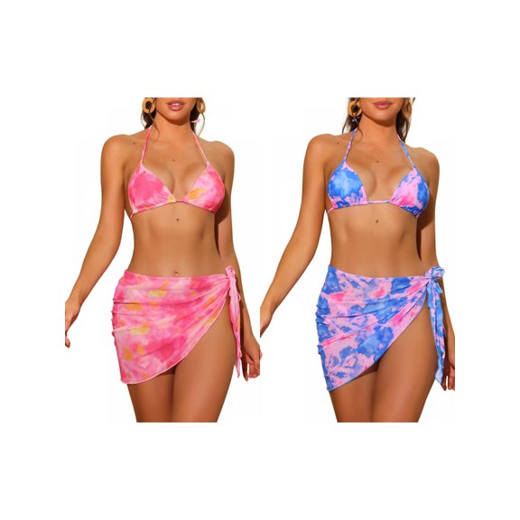 NOMADIC NOOK Women's 3 Piece Tie Dye Bikini Combination Sets, Halter Tie Triangle Swimsuits with Sarong Cover Ups Beach Skirt Bathing Suit X-Large Roes Red, Pink Blue
