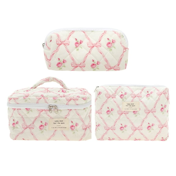 NOMADIC NOOK Women's Bow Handheld Makeup Bag 3 Pcs Pink
