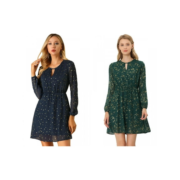 NOMADIC NOOK Women's Choker V Neck Vintage Flared Gilding Metallic Shiny Star A-Line Dress 2 Packs Large Dark Blue/Green-Floral